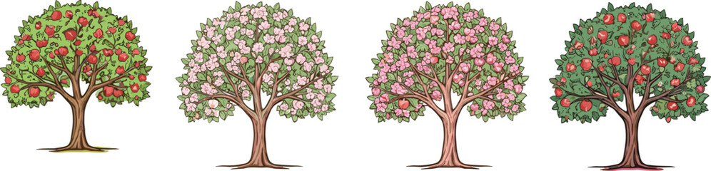 Hand drawn apple tree collection, blooming floral tree illustration, fruit tree vector, botanical orchard art, seasonal apple blossom design