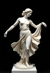Stunning white marble statue of a graceful woman in motion standing against a black background. Marble statue of dancing woman