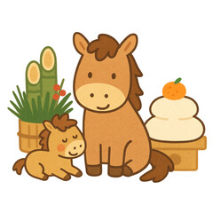 正月の鏡餅と門松と並んだ馬の親子