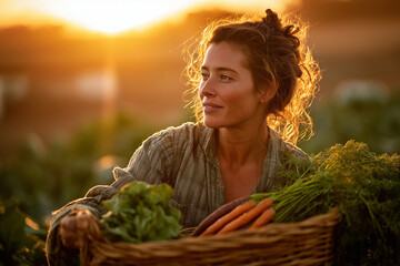 Young woman harvesting fresh organic vegetables in a basket at sunset with natural golden light