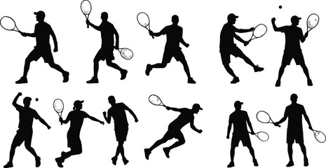 Silhouettes of male tennis players in action with rackets, showcasing sports movement, hitting techniques, and court competition gameplay.