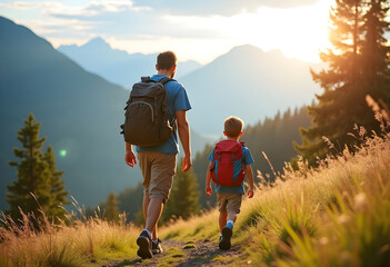 Father and son are hiking in the mountains. Father's day concept