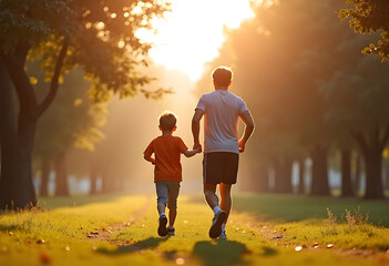 Father and son are running in the park. Morning run. Father's day