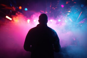 Silhouette of a DJ performing at a vibrant nightclub surrounded by dynamic lights and colorful fog during an electrifying dance party