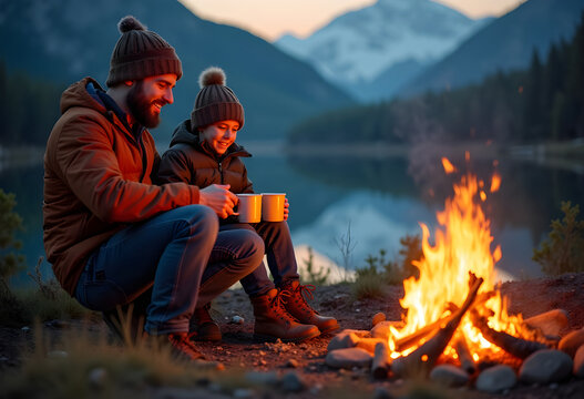 Father and son sitting on a campfire with mugs of hot tea. Camping in the mountains. Father's day