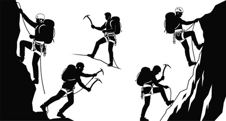 Silhouettes of mountaineers climbing with ropes and ice axes, illustrating rock climbing, hiking adventure, and alpine mountain expedition.