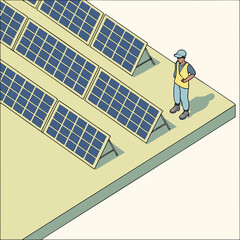 Vector art of isometric illustration of a solar panel field with a technician inspecting the installation, representing renewable energy and sustainable power generation