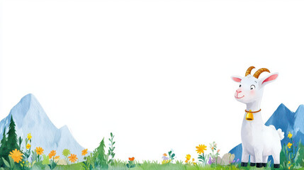 Fototapeta premium Cheerful cartoon goat stands in vibrant meadow filled with colorful flowers and mountains in background, evoking sense of joy and nature