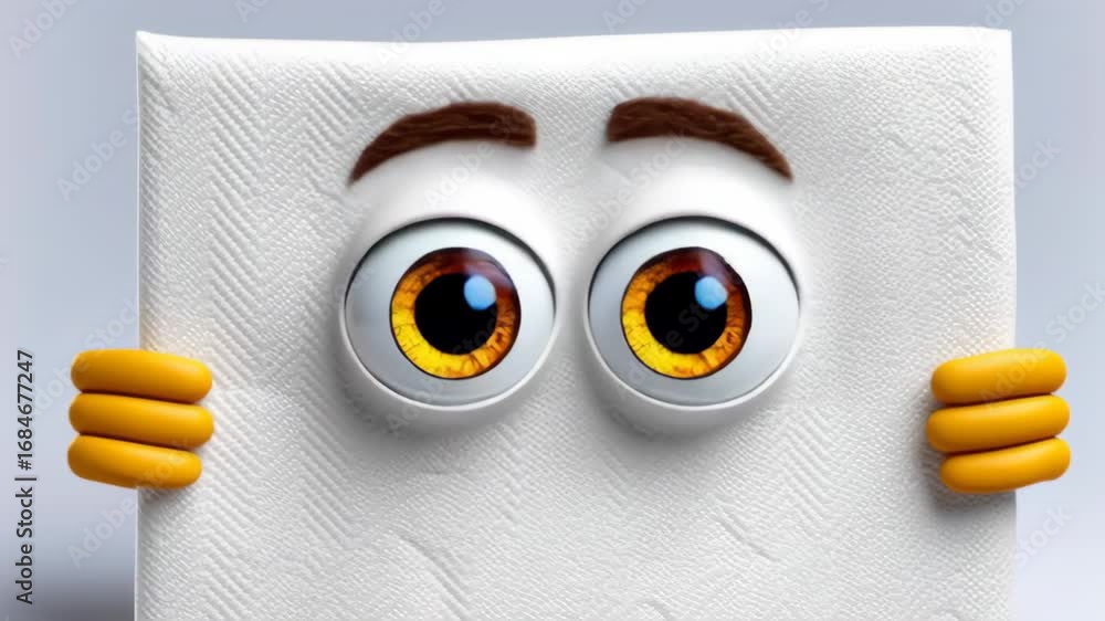 Poster Animated character with large expressive eyes and playful hands peeking from behind a textured surface, showcasing a whimsical and engaging interaction with the viewer in a vibrant, imaginative settin