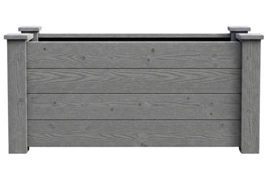 Large rectangular garden planter made from gray wood planks isolated on a transparent background