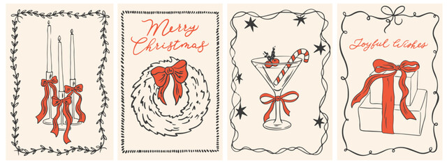Hand drawn ink Christmas posters. Retro vintage new year drawing set in doodle line art, minimalist print style with xmas wreath, bows, candle, gifts, martini. Vector illustration in coquette style