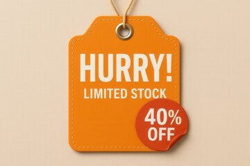 Hurry! Limited stock tag with 40% off offer, vibrant style, attention-grabbing retail discount promotion.