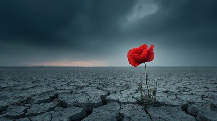 Fototapeta premium Red poppies displayed for remembrance day concept. A solitary red poppy blooms in a cracked, desolate landscape.
