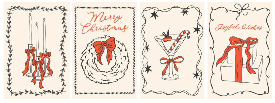 Hand drawn ink Christmas posters. Retro vintage new year drawing set in doodle line art, minimalist print style with xmas wreath, bows, candle, gifts, martini. Vector illustration in coquette style