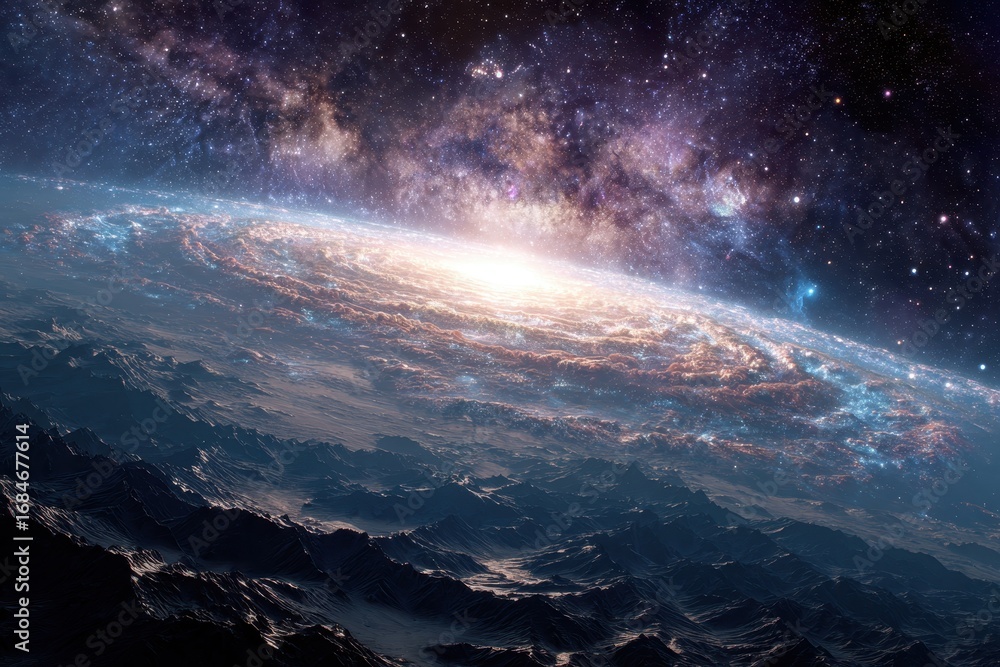 Poster expansive view of a swirling galaxy illuminating a distant planet in the vast depths of space with s