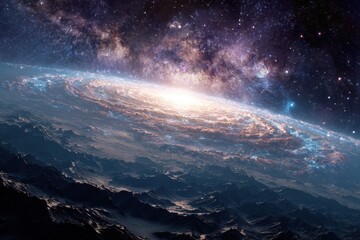 Fototapeta premium Expansive view of a swirling galaxy illuminating a distant planet in the vast depths of space with shimmering stars and cosmic clouds