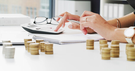 Accountant, hands and money with calculator or coins for savings, expenses or bills in office....