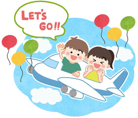 飛行機で旅行する子供たちのイラスト