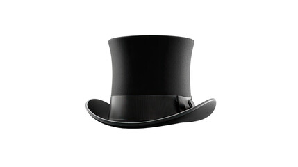 A black top hat, angled slightly, against a black background.  The hat's crown is tall and smooth, with a wide brim.  A dark band circles the base of the crown