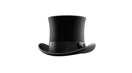 A black top hat, angled slightly, against a black background.  The hat's crown is tall and smooth, with a wide brim.  A dark band circles the base of the crown