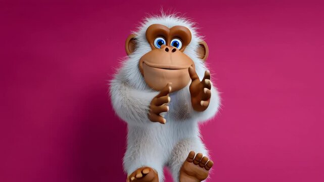 Animated fluffy white monkey character joyfully dancing against a vibrant pink background, showcasing playful movements and expressions, capturing the essence of fun and excitement in a lively scene
