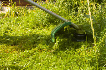 Gardener mowing the lawn. Gardener with lawn trimmer. Cut the Grass