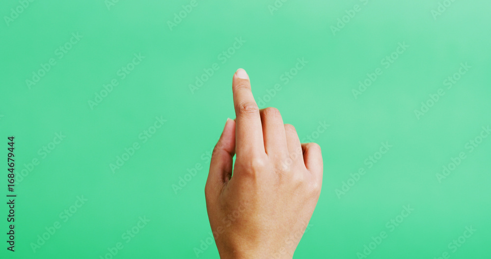 Poster hand, click and mockup space in studio, gesture and point with scroll, empty and green background. p