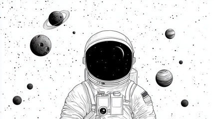 Astronaut in space surrounded by planets and stars, showcasing sense of adventure and exploration