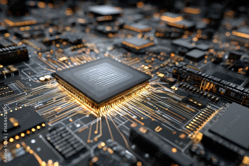 Poster intricate design of cpu microchips showcasing complex circuitry and connections for advanced computi