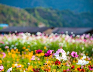 Colorful Cosmos Field Mountain View