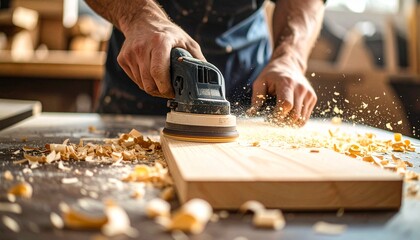 a carpenter sanding wooden board with electric sander