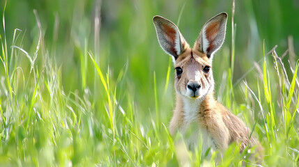 Wildlife photo of young kangaroo in tall green grass, showcasing its curious expression and natural habitat