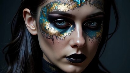 Enigmatic beauty with fantasy makeup evokes halloween artistic flair in stunning 4k video footage, perfect for dark themes and creative projects