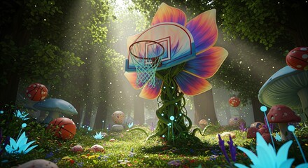 Surreal forest scene with a basketball hoop on a giant flower