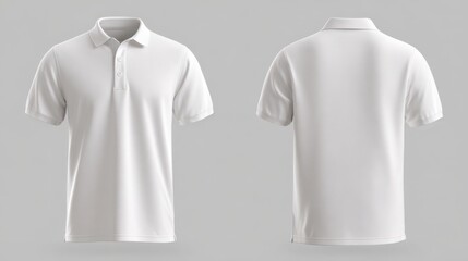 Ultra quality image of clean, white short-sleeved polo shirt shown from front and back views on a neutral gray background. The shirt features a classic collar and button placket.