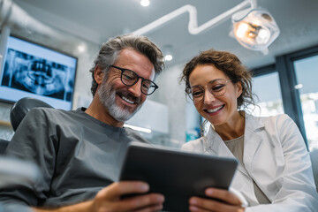 Smiling dentist and mature male patient reviewing dental treatment on tablet in modern clinic
