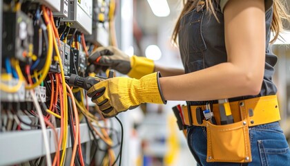 a woman is repairing the voltage of a switchboard with an automatic switch.