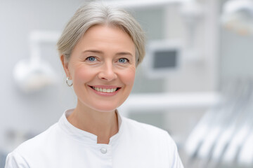 Fototapeta premium Confident female dentist smiling in white coat in modern dental clinic with bright and clean background