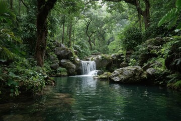 Experience serene beauty in a lush tropical rainforest with cascading water and tranquil pools surrounded by vibrant greenery during a peaceful afternoon