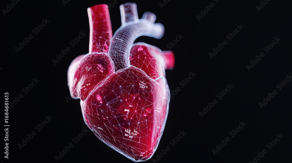 Poster hyper detailed 3d rendering of human heart, showcasing intricate structures and vibrant red color ag