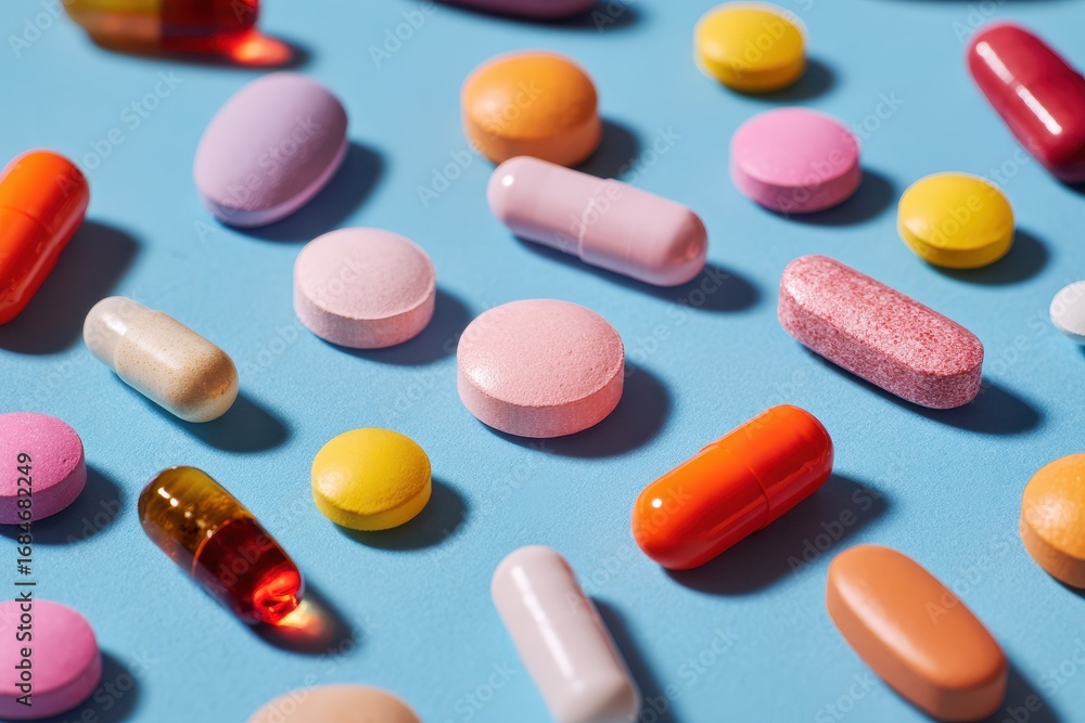 Poster spread of assorted colored pills on a blue background showcasing various shapes and sizes in a healt