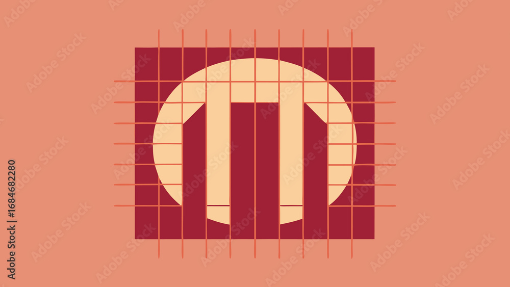 Aufkleber Geometric Circle with Vertical Bars and Grid Overlay on Reddish Background abstract pattern