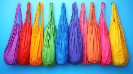 Colorful reusable shopping bags hanging on wall
