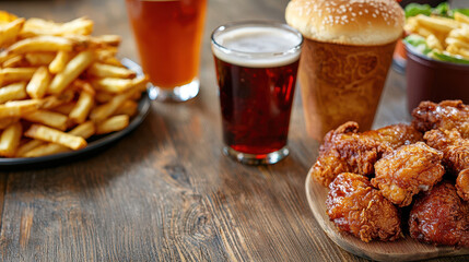 Delicious fried chicken served with crispy fries, refreshing drinks, and burger, creating perfect meal for sharing and enjoyment
