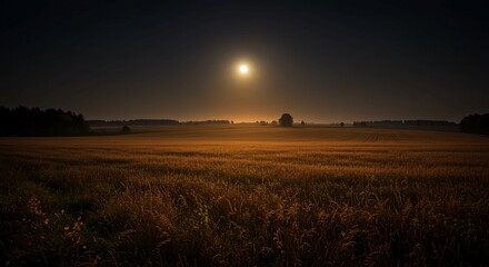 Golden wheat field bathed in warm sunset light under a dramatic night sky, perfect for serene landscape scenes