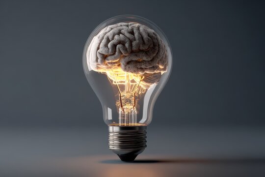 Bright idea and creativity concept featuring a glowing light bulb with a brain inside, symbolizing innovative thinking and mental inspiration