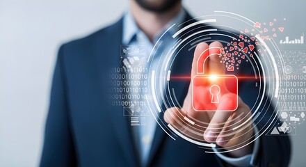 A man in a suit touches a digital padlock icon surrounded by binary code, representing cybersecurity and data protection.