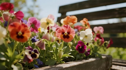 Colorful Garden Flowers Neatly Arranged on Wooden Bench Under Soft Sunlight, Serene Outdoor Scene