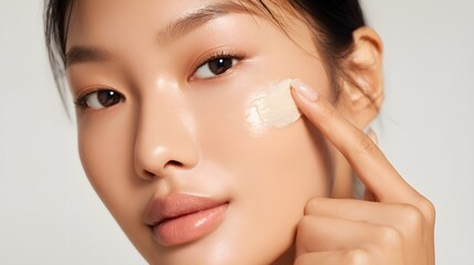 Close-up of an asian woman applying a small drop of face cream to her cheek.
