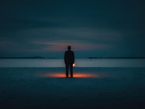 A person stands on a deserted beach at twilight, holding a glowing sparkler, creating a serene and festive atmosphere